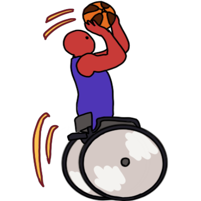 a red figure in a specialised sports wheelchair, holding up a basketball. there are motion lines behind their hands and the chair's wheels.